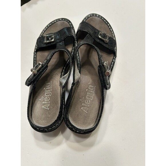 Alegria Black Leather Embossed Strap Wedges Size EU 38 7 1/2 lar-341 - Picture 2 of 8